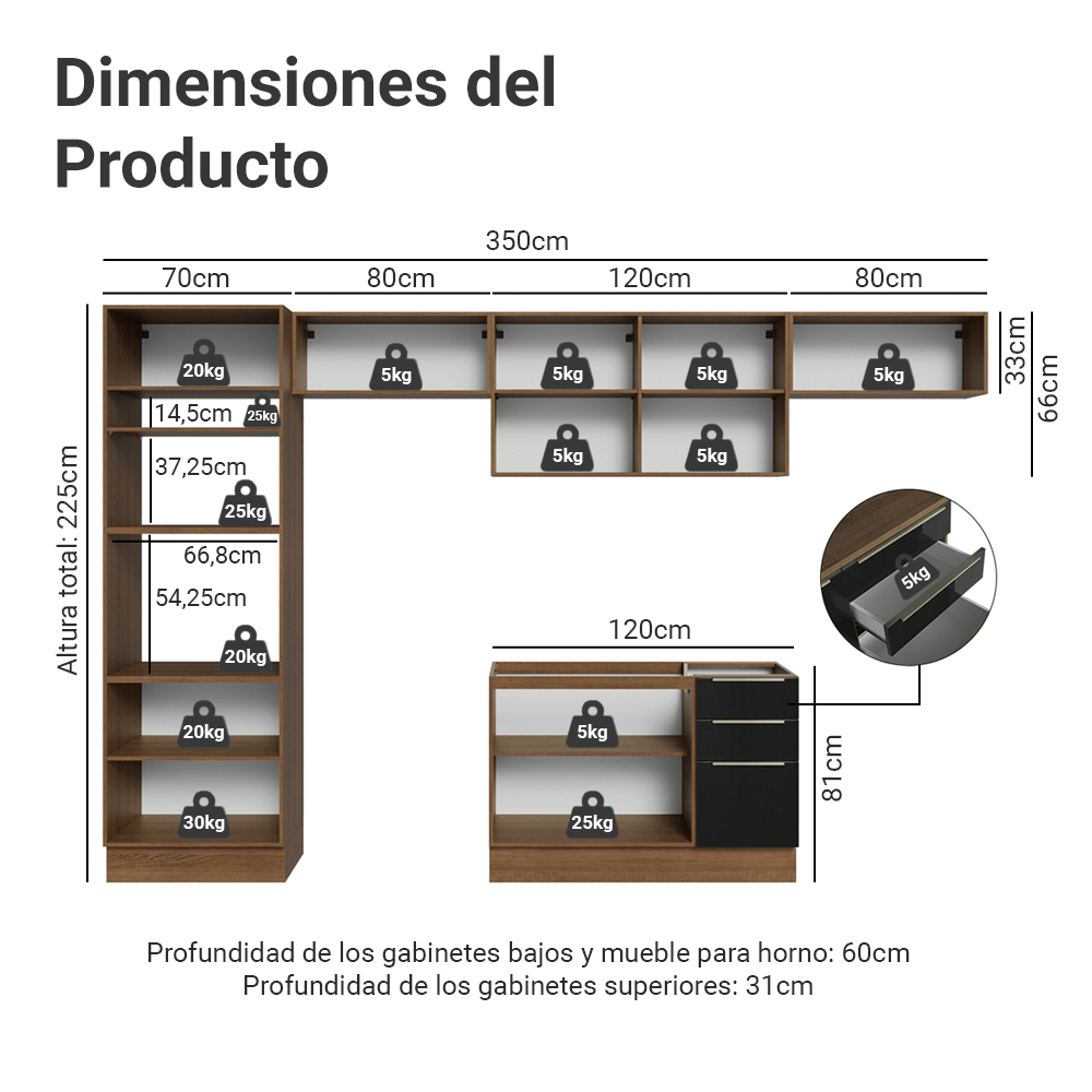 Combo completo de Cocina 350 x 60 cm Marrón/Negro Lux Madesa 02