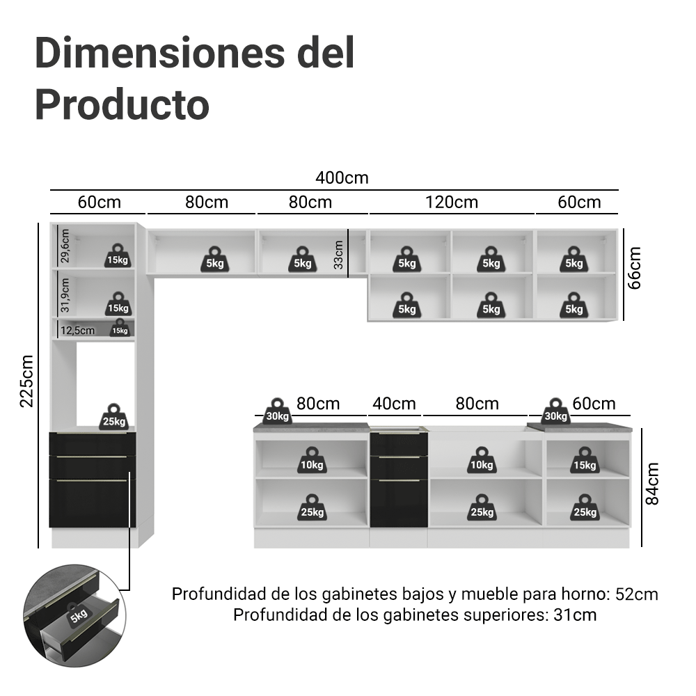 Combo completo de Cocina 400 cm Blanco/Negro Lux Madesa 02