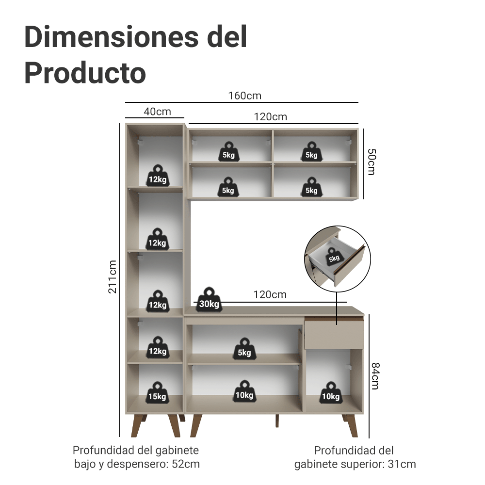 Cocina Compacta 160 cm Con Patas Nice Crema 01