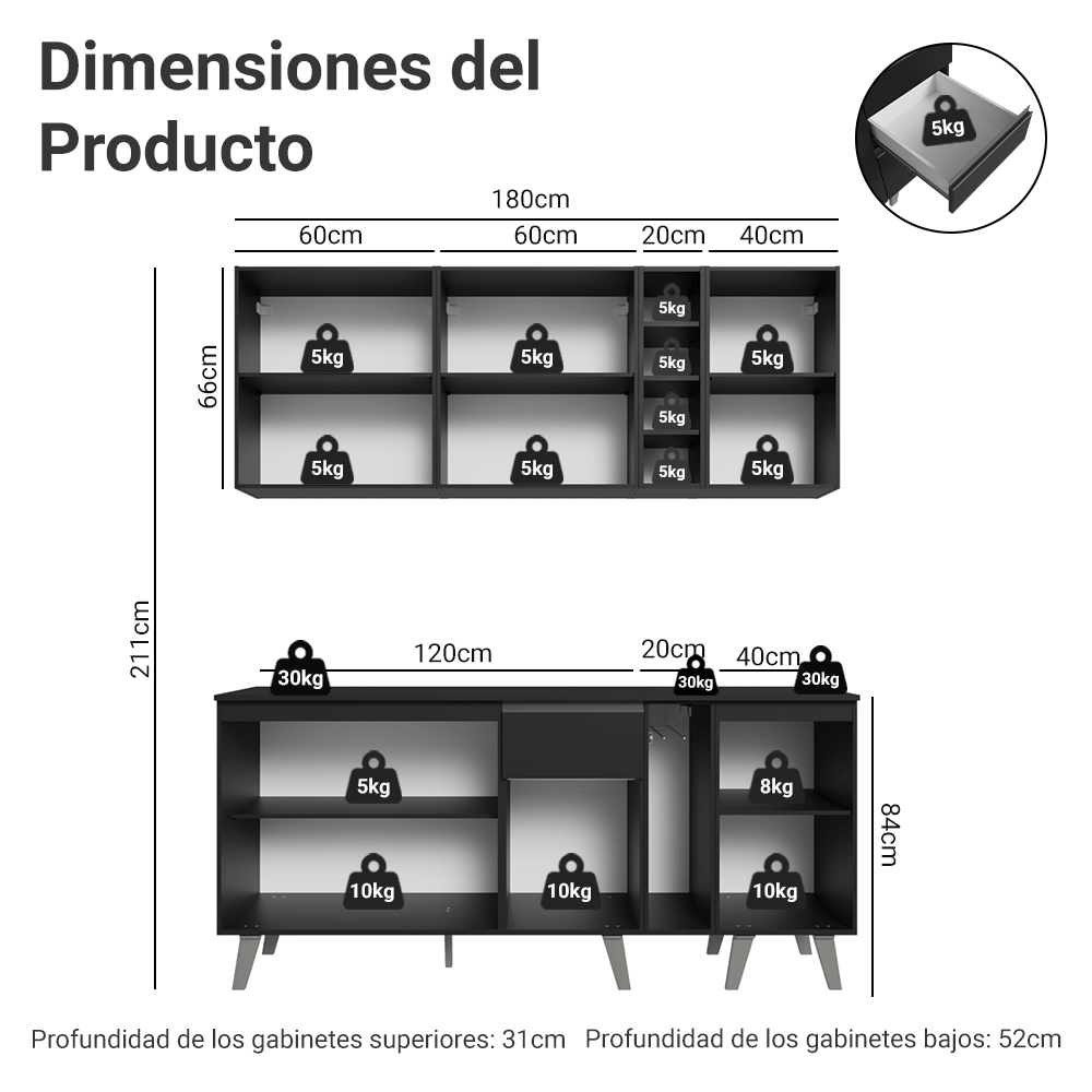Cocina Compacta 180 cm Negro Nice Madesa 01