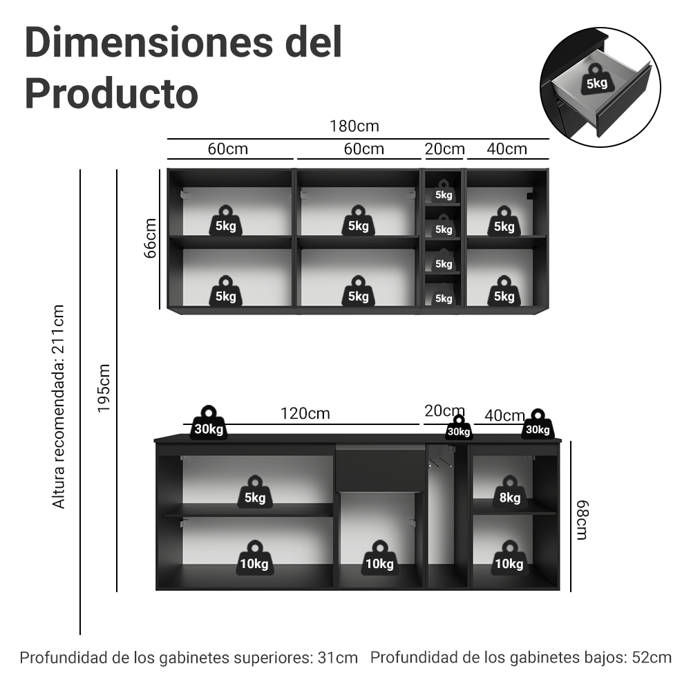 Cocina Compacta 180 cm Flotante Negro Nice Madesa 04