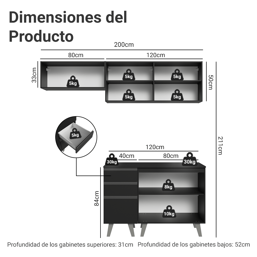 Cocina Compacta 200 cm Negro Nice Madesa 06