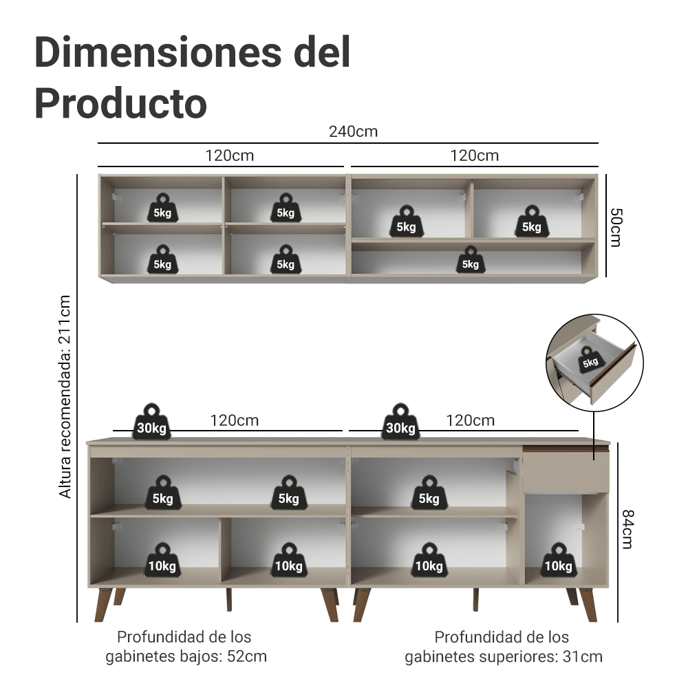 Combo de Cocina 240 cm Con Patas Nice Crema 02