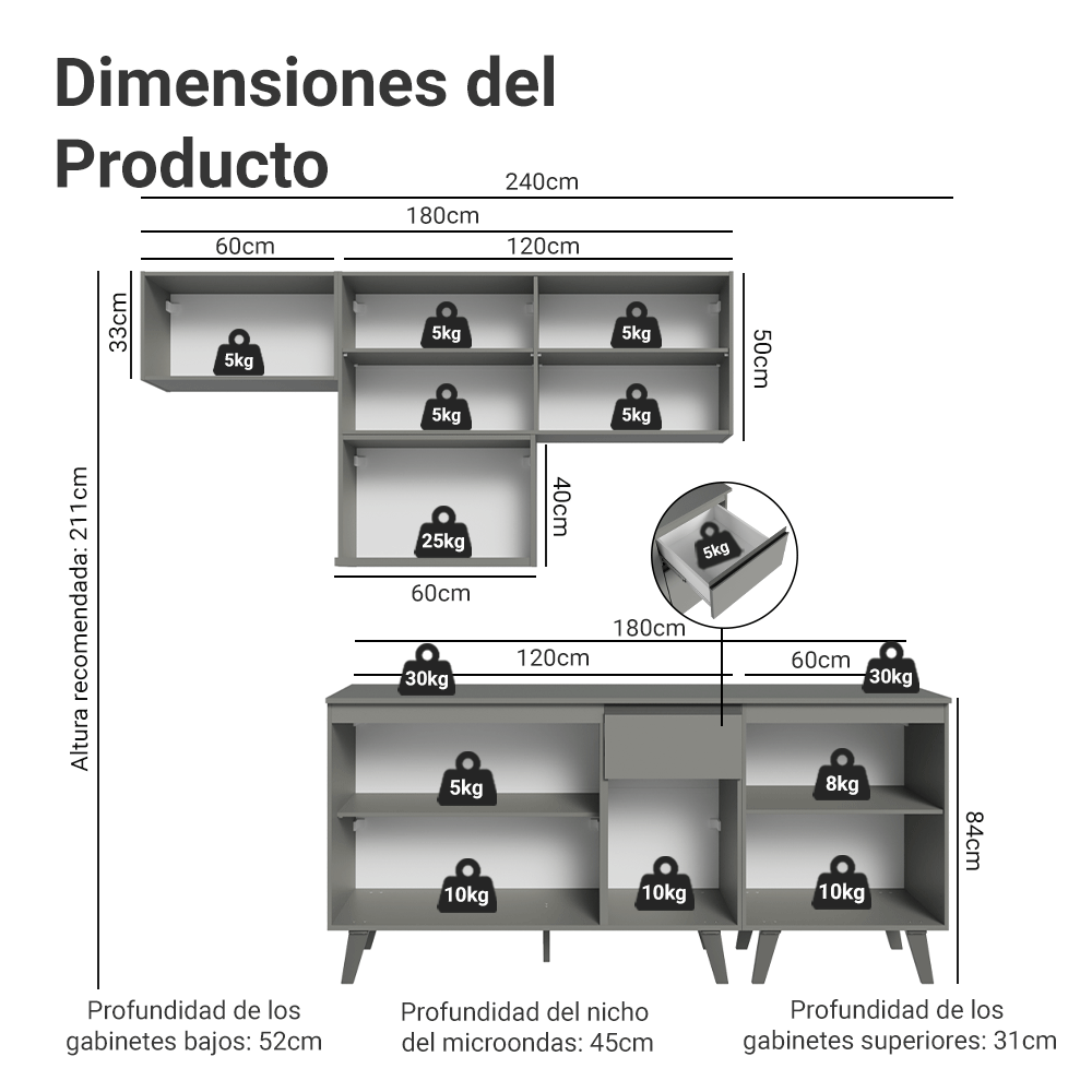 Combo completo de Cocina 240 cm Gris Nice Madesa 06