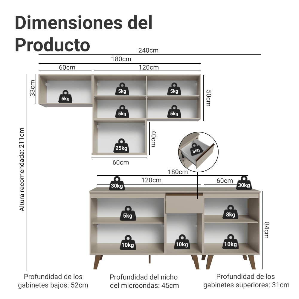 Combo completo de Cocina 240 cm Crema Nice Madesa 06