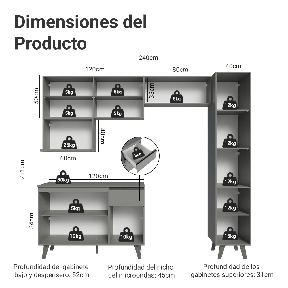 Combo completo de Cocina 240 cm Gris Nice Madesa 08