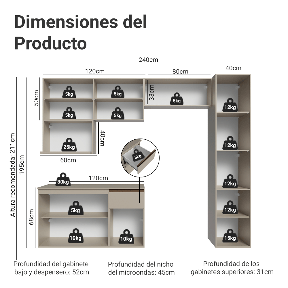 Combo completo de Cocina 240 cm Flotante Crema Nice Madesa 09