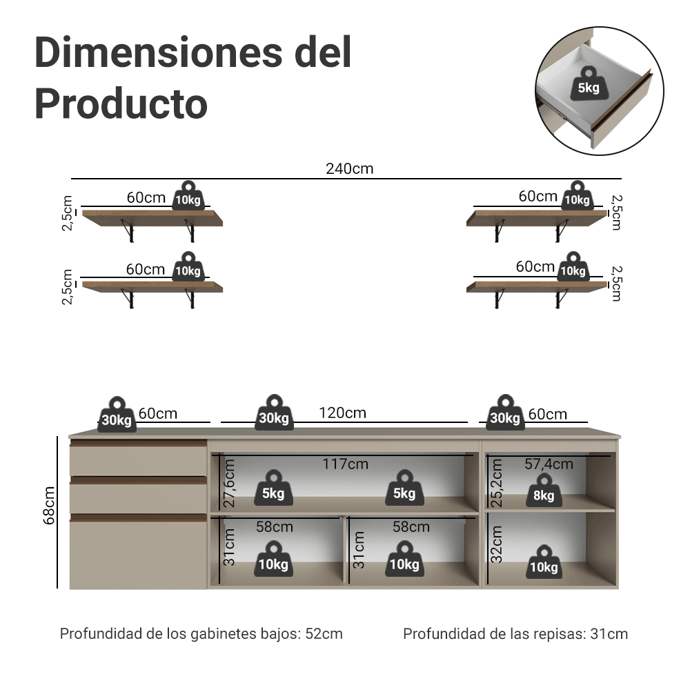 Combo completo de Cocina 240 cm, Flotante, Crema Nice 10