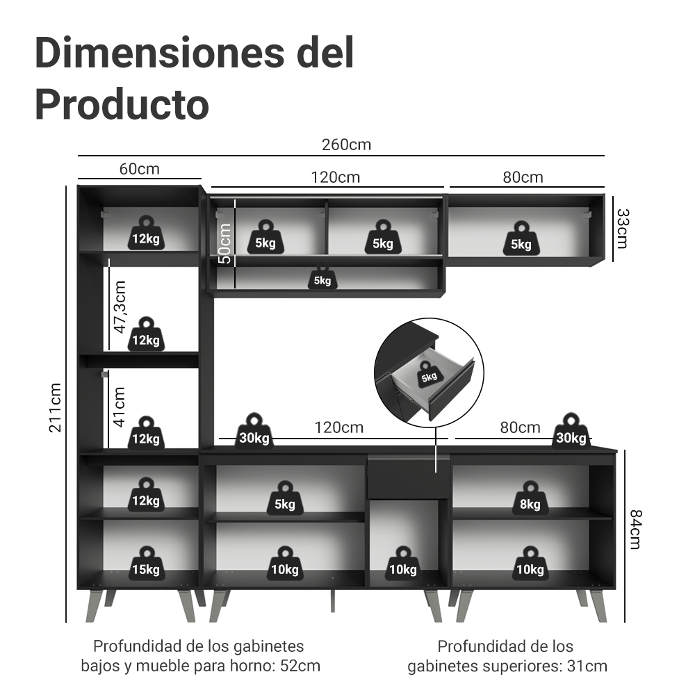 Combo completo de Cocina 260 cm Negro Nice Madesa 01