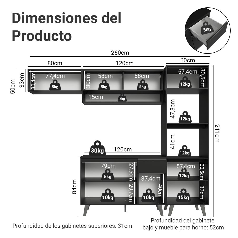 Combo completo de Cocina 260 cm Negro Nice Madesa 03