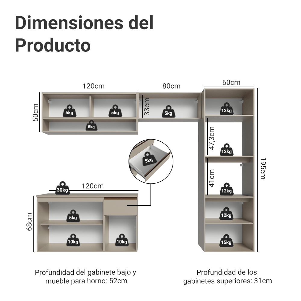 Combo de Cocina 260 cm Sin Patas Nice Crema 10