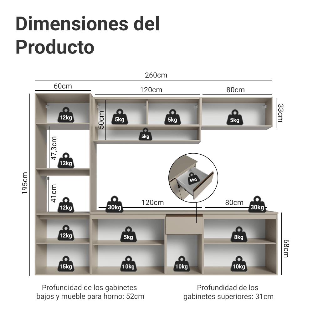 Combo de Cocina 260 cm Sin Patas Nice Crema 14
