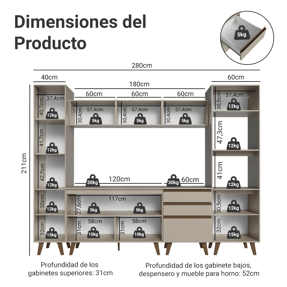 Combo completo de Cocina 280cm Crema Nice 01