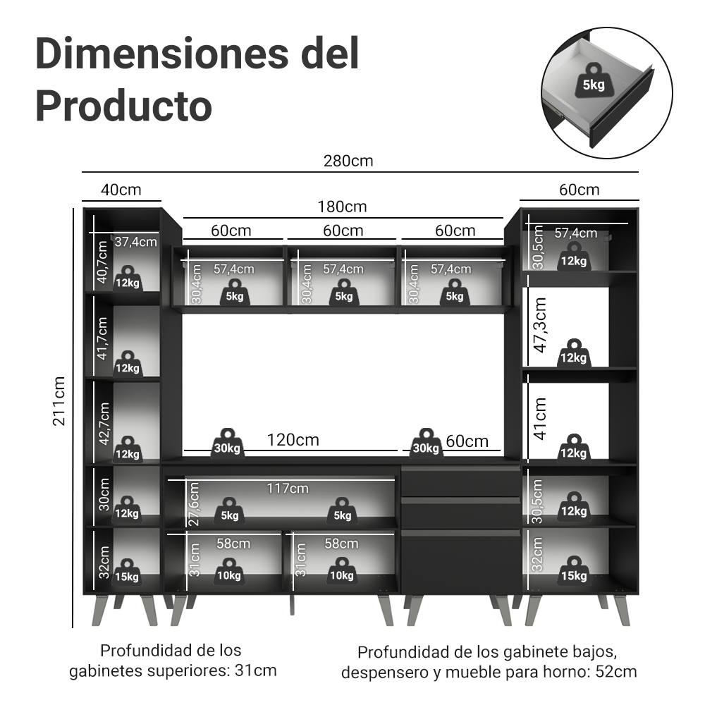 Combo Completo de Cocina 280 cm Negro Nice Madesa 01