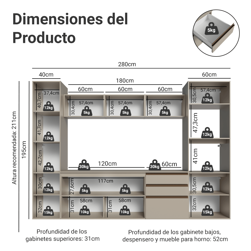 Combo completo de Cocina, 280 cm, flotante, Crema Nice 06