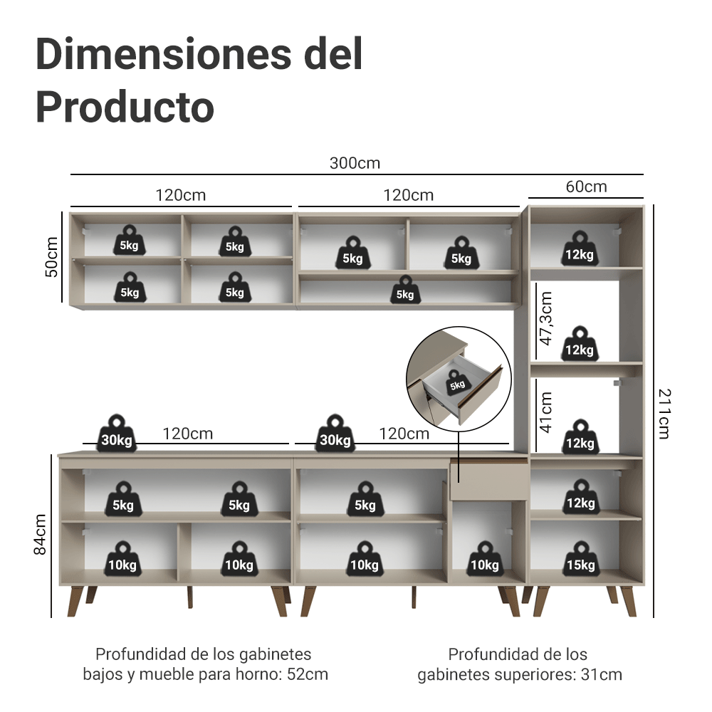 Combo de Cocina 300 cm Con Patas Nice Crema 02