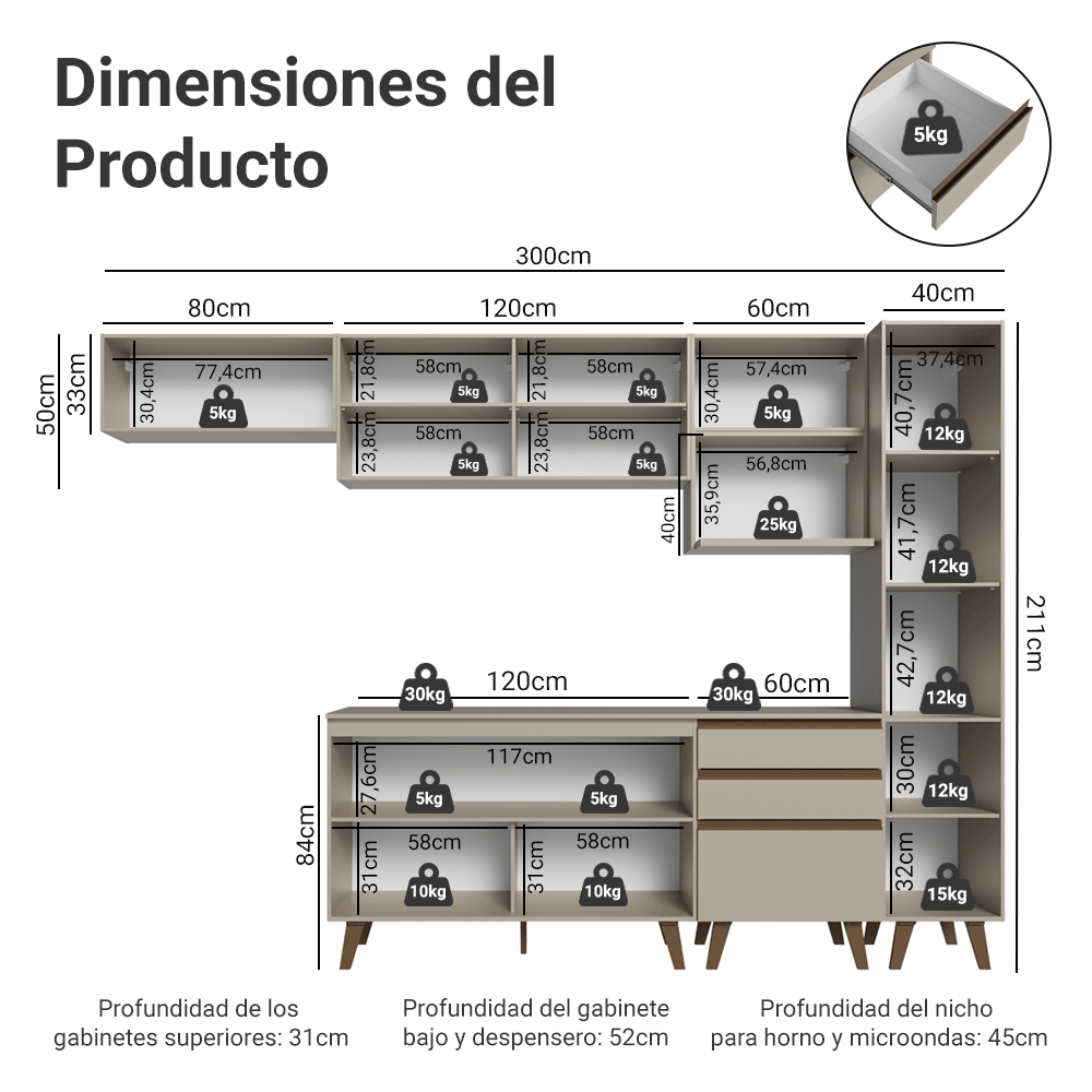 Combo completo de Cocina 300cm Crema Nice 05