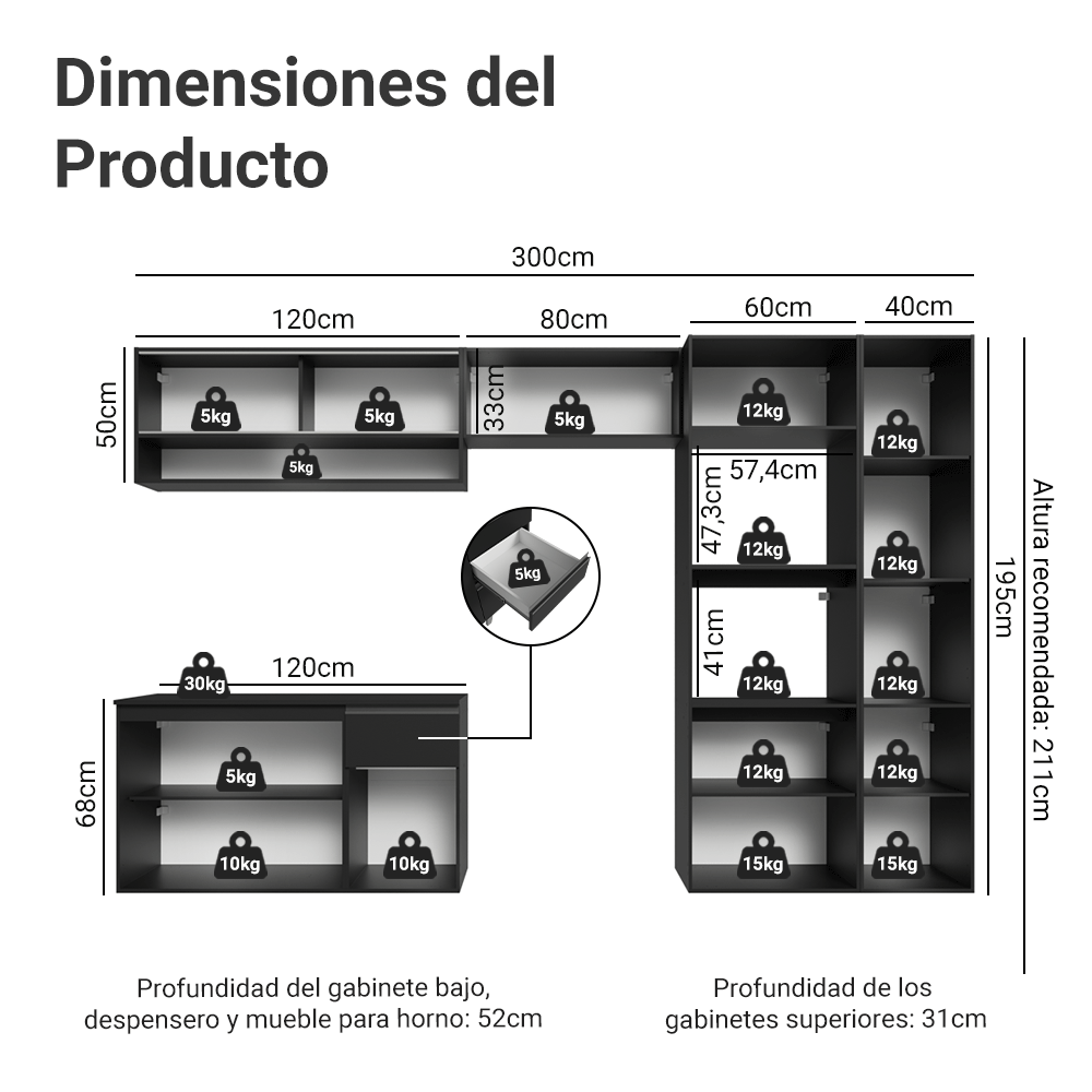 Combo Completo de Cocina 300 cm Flotante Negro Nice Madesa 06