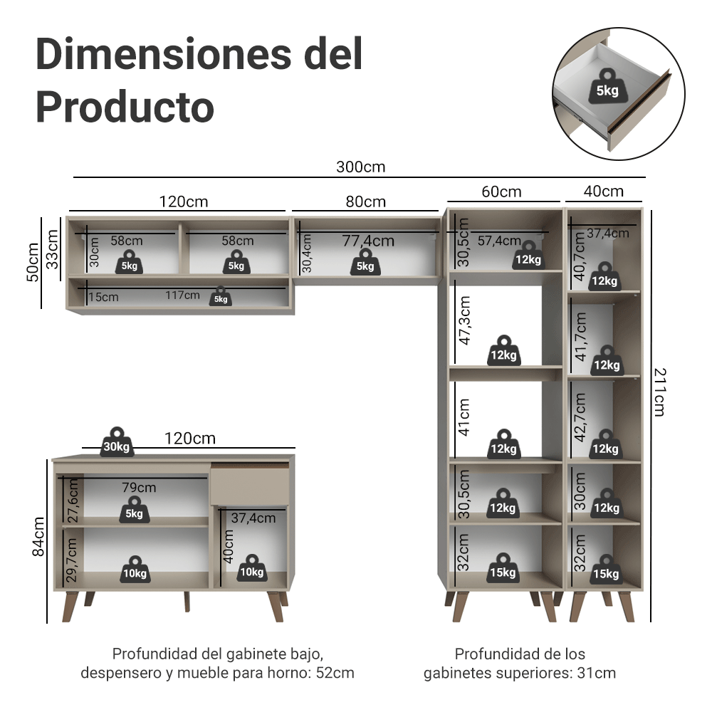 Combo completo de Cocina 300cm Crema Nice 09