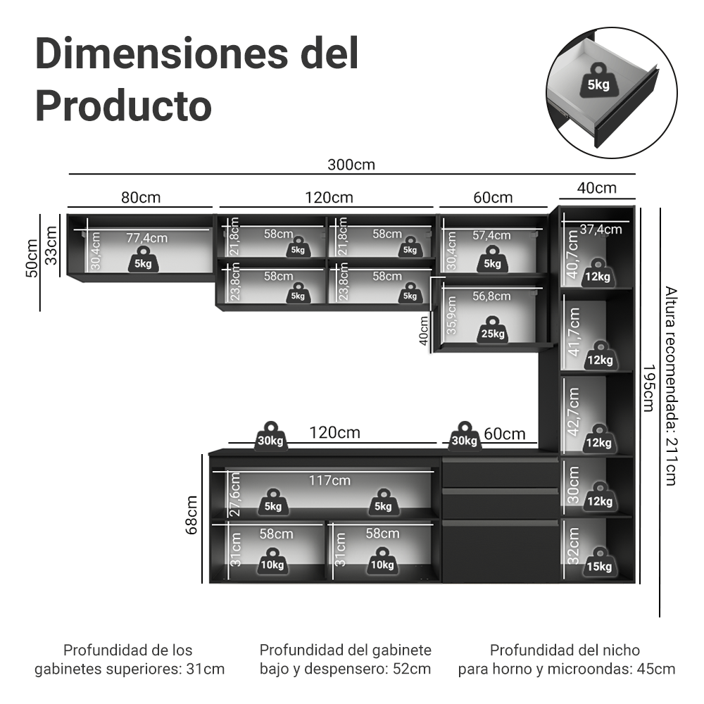 Combo Completo de Cocina 300 cm Flotante Negro Nice Madesa 10
