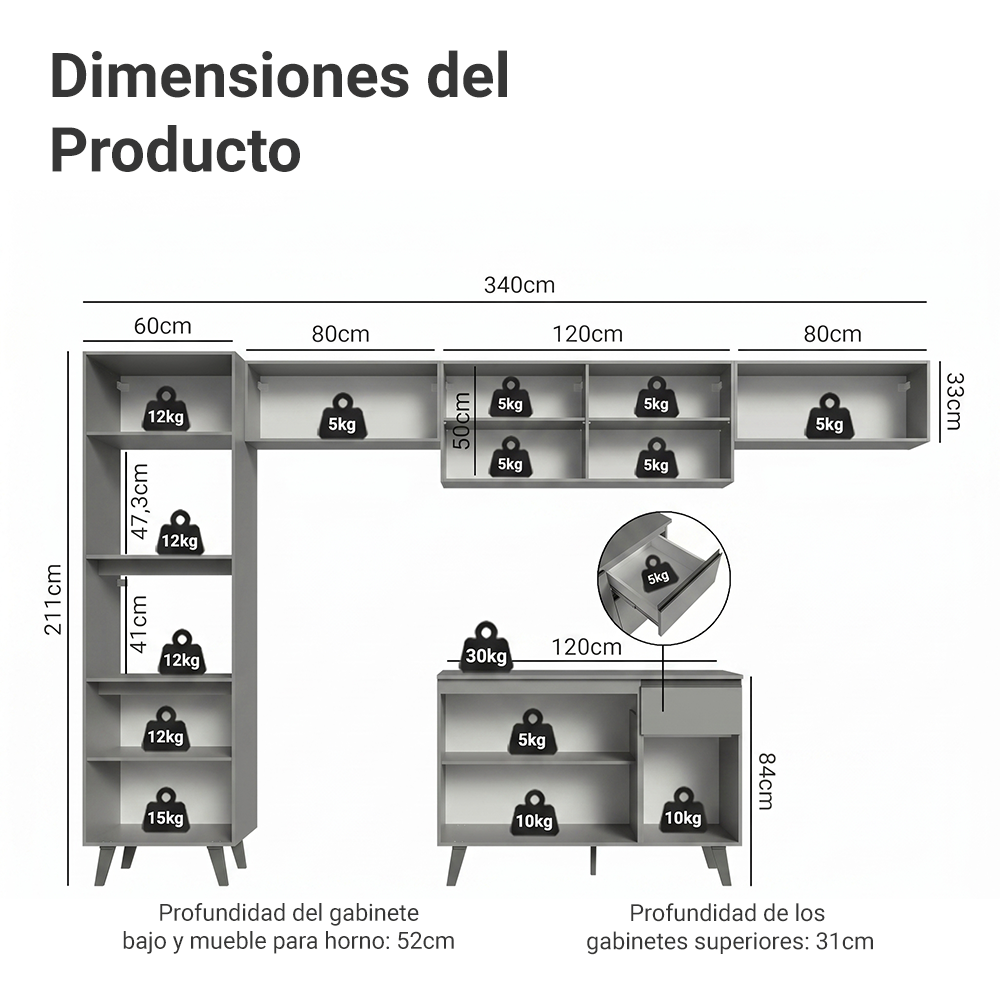 Combo Completo de Cocina 340 cm Gris Nice Madesa 01