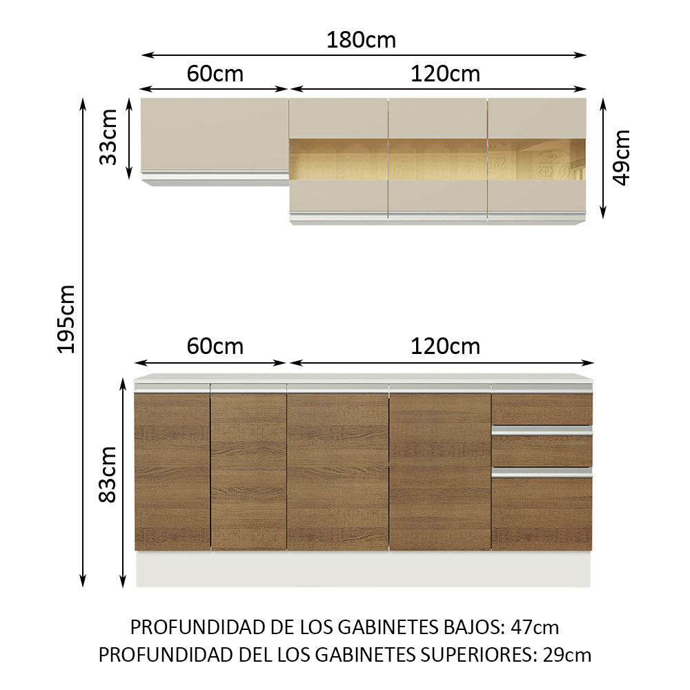 Cocina Compacta 100% MDF 180 cm Blanco/Marrón/Crema Smart Madesa 01
