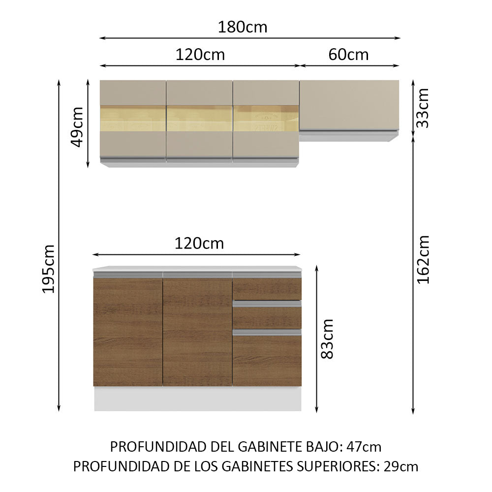Cocina Compacta Smart 100% MDF 180 cm 7 Puertas 2 Cajones (Con Mesada) Blanco/Marrón/Crema Madesa