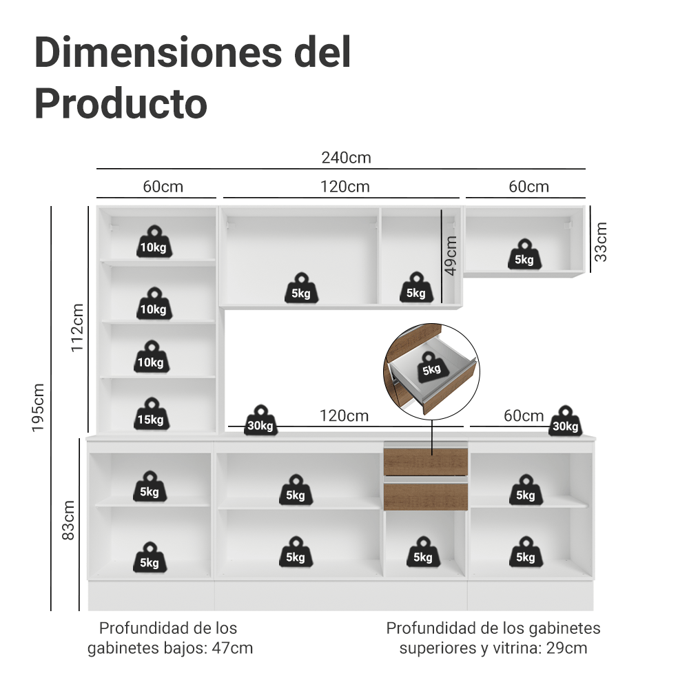 Combo de Cocina 240 cm Smart 100% MDF Blanco/Marrón/Crema 01