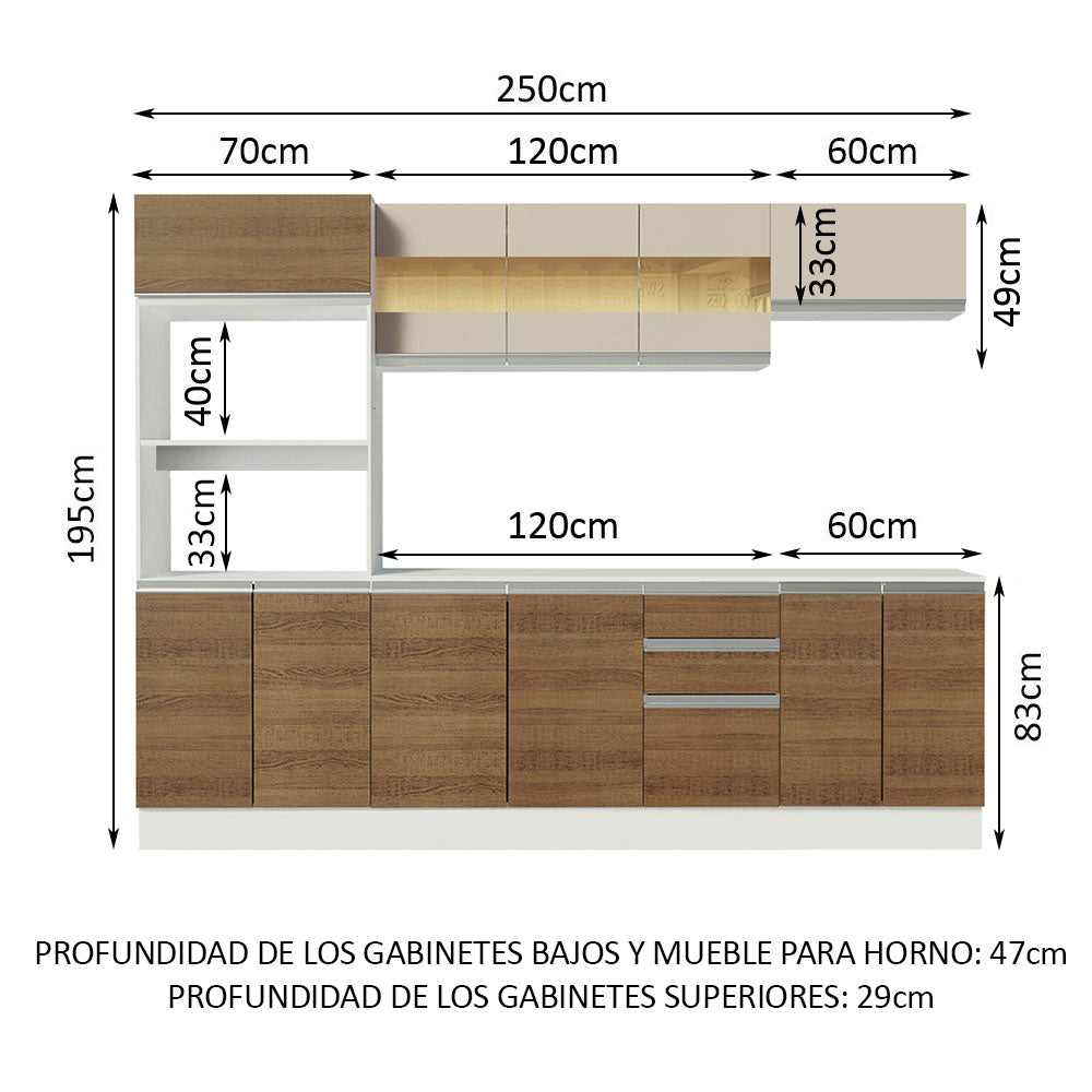 Combo Completo de Cocina 100% MDF 250 cm Blanco/Marrón/Crema Smart Madesa 01