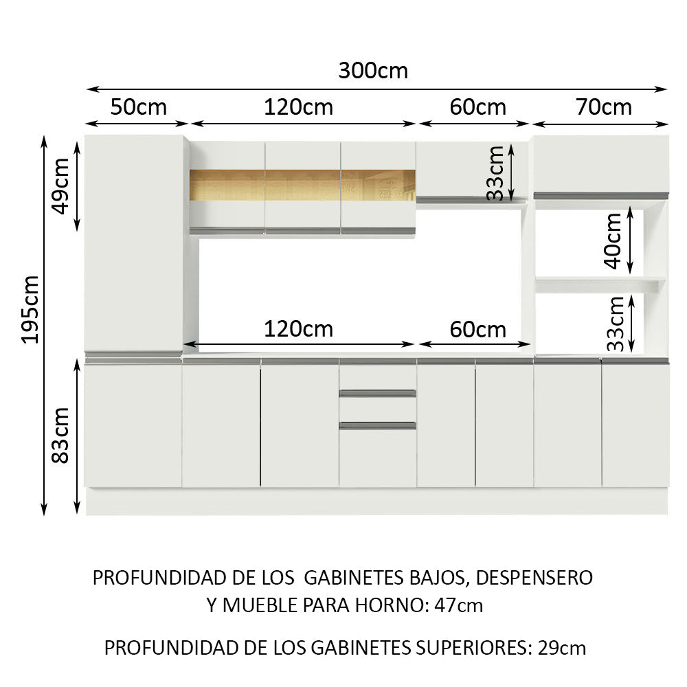 Combo Completo de Cocina 100% MDF 300 cm Frentes Blanco Smart Madesa 01