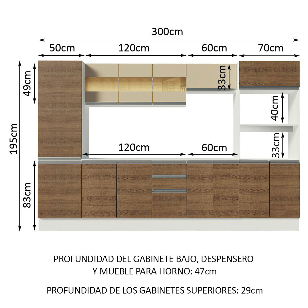 Combo Completo de Cocina 100% MDF 300 cm Blanco/Marrón/Crema Smart Madesa 01