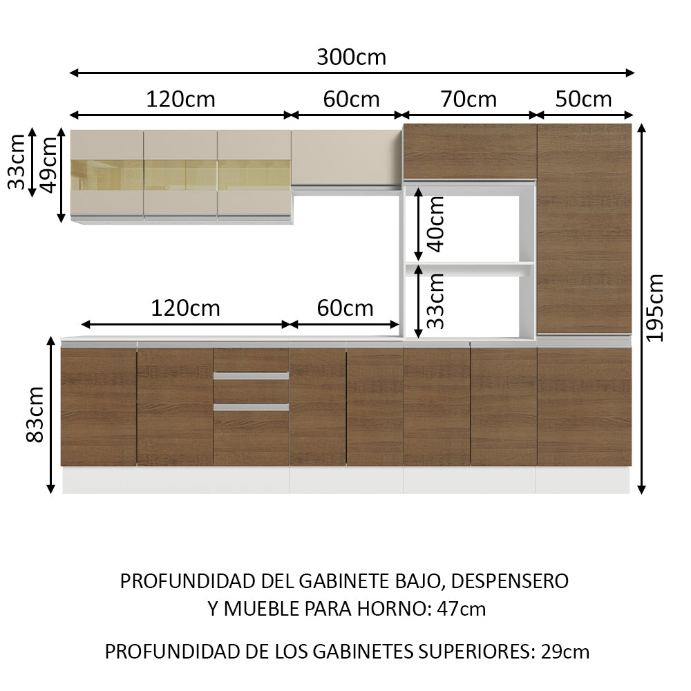 Combo Completo de Cocina 100% MDF 300 cm Blanco/Marrón/Crema Smart Madesa 02