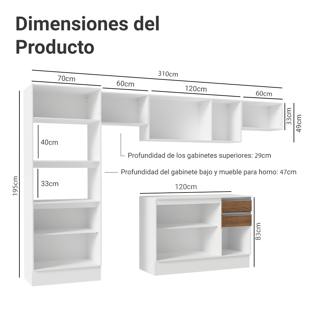 Combo de Cocina 100% MDF 310 cm Smart Blanco/Marrón/Crema 01