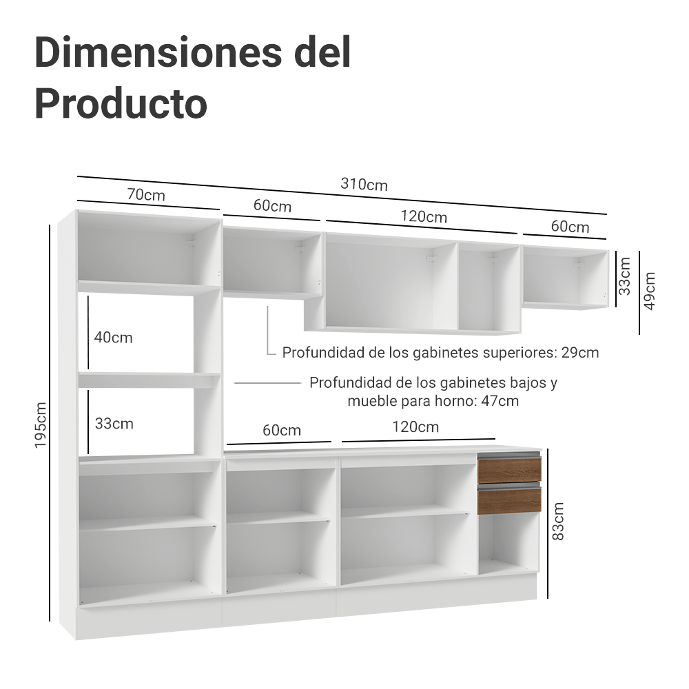 Combo de Cocina 100% MDF 310 cm Smart Blanco/Marrón/Crema 02