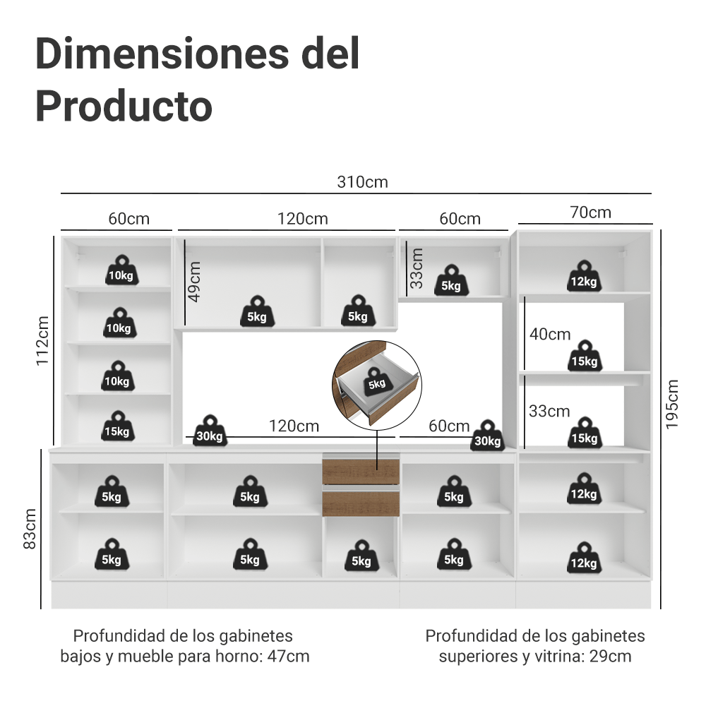 Combo de Cocina 310 cm Smart 100% MDF Blanco/Marrón/Crema 03
