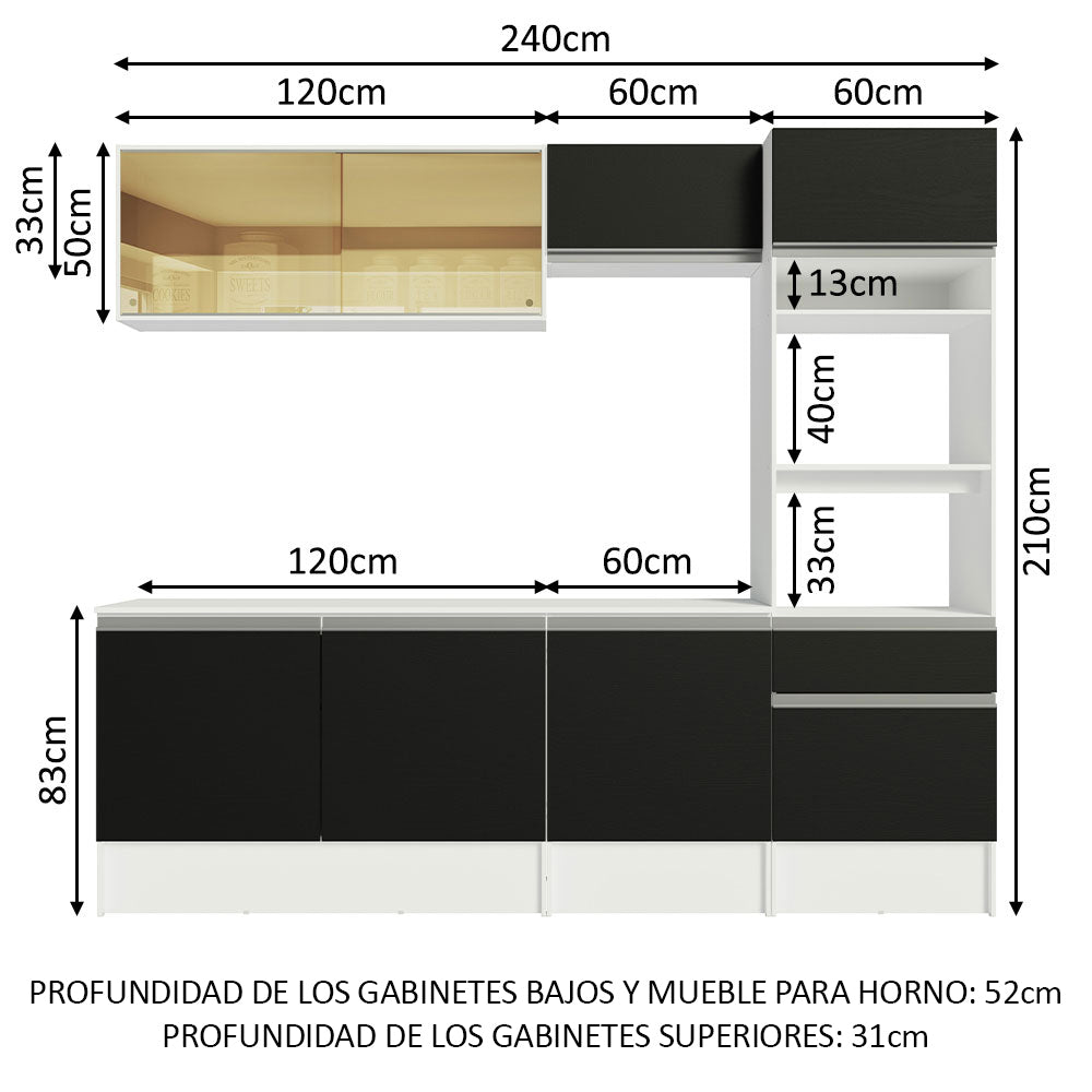 Combo Completo de Cocina 240 cm Blanco/Negro Diamante Madesa 06