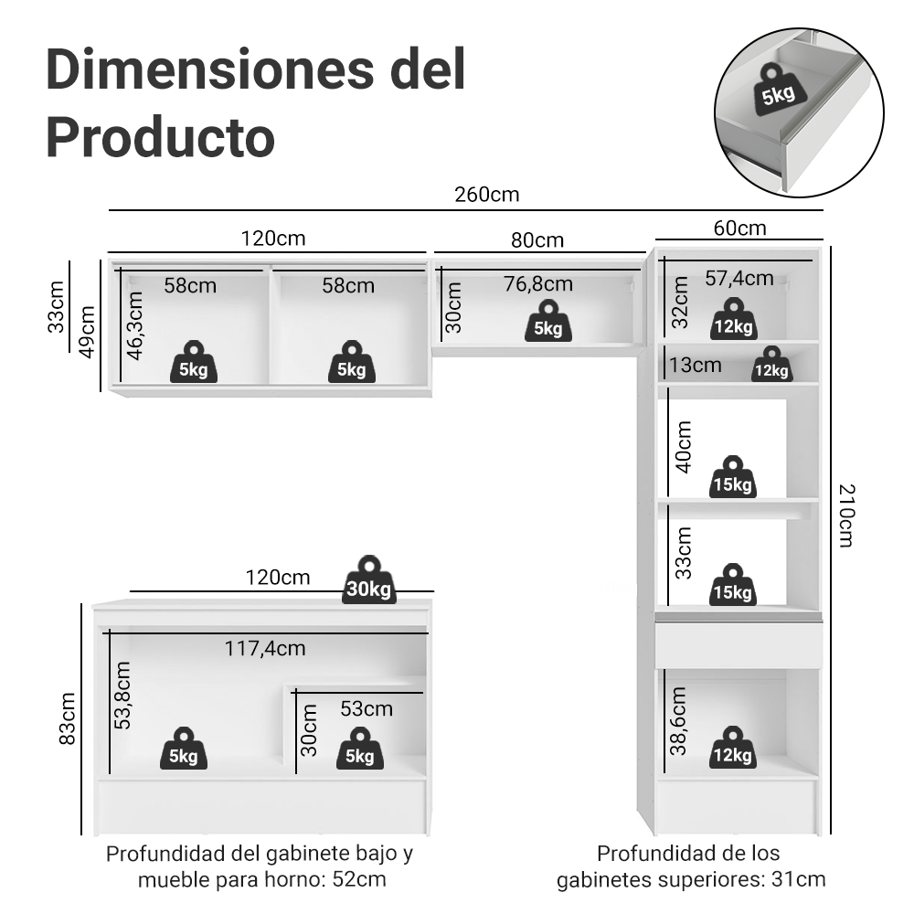 Combo Completo de Cocina 260 cm Blanco Diamante Madesa 02