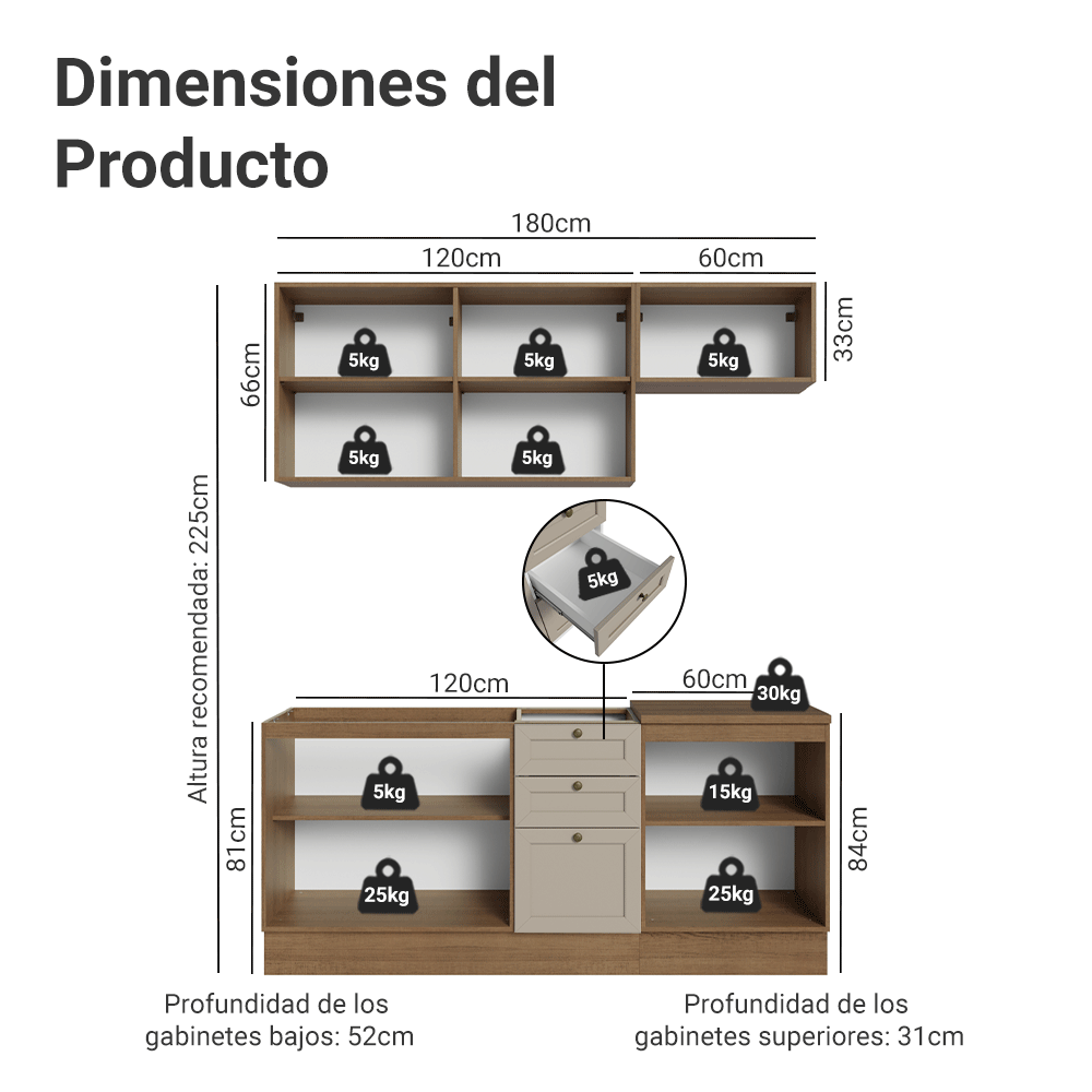 Combo de Cocina Compacta 180 cm Marrón/Crema Vik Madesa 01