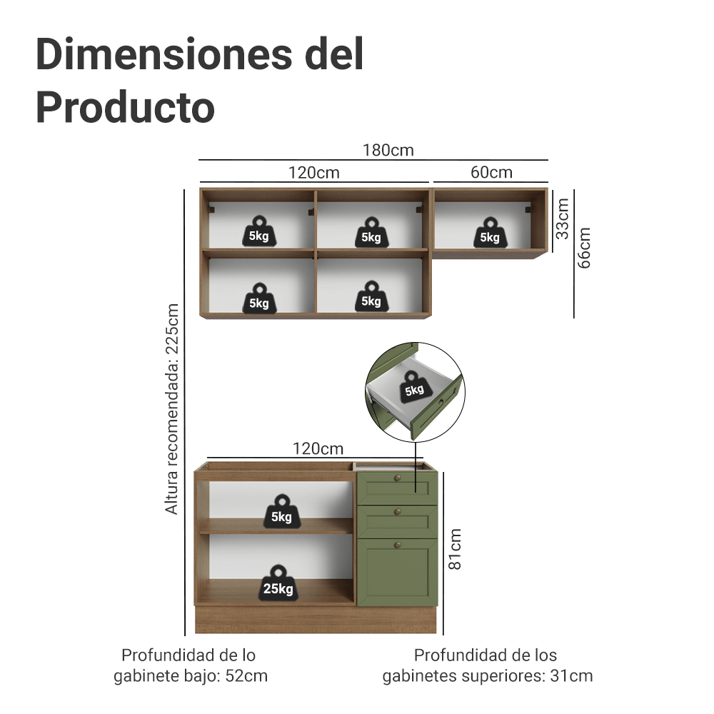 Cocina Compacta 180 cm Vik Marrón/Verde 02