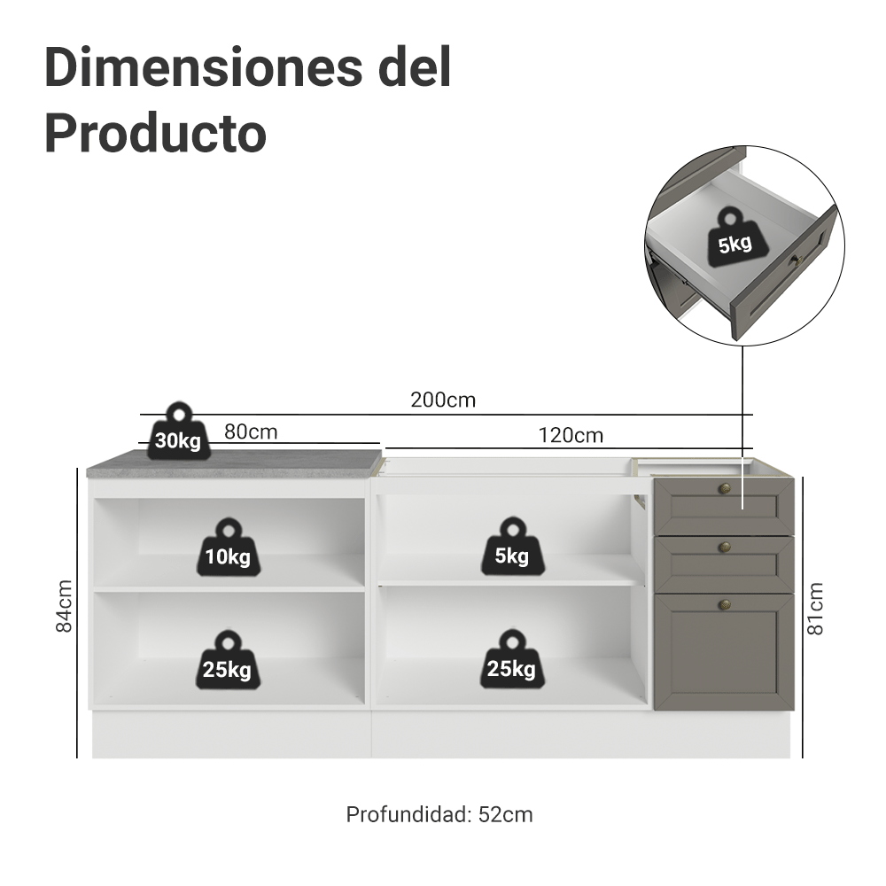 Kit 2 Bajo Mesadas con 3 Cajones 4 Puertas (Sin Mesada) Vik Blanco/Gris 01