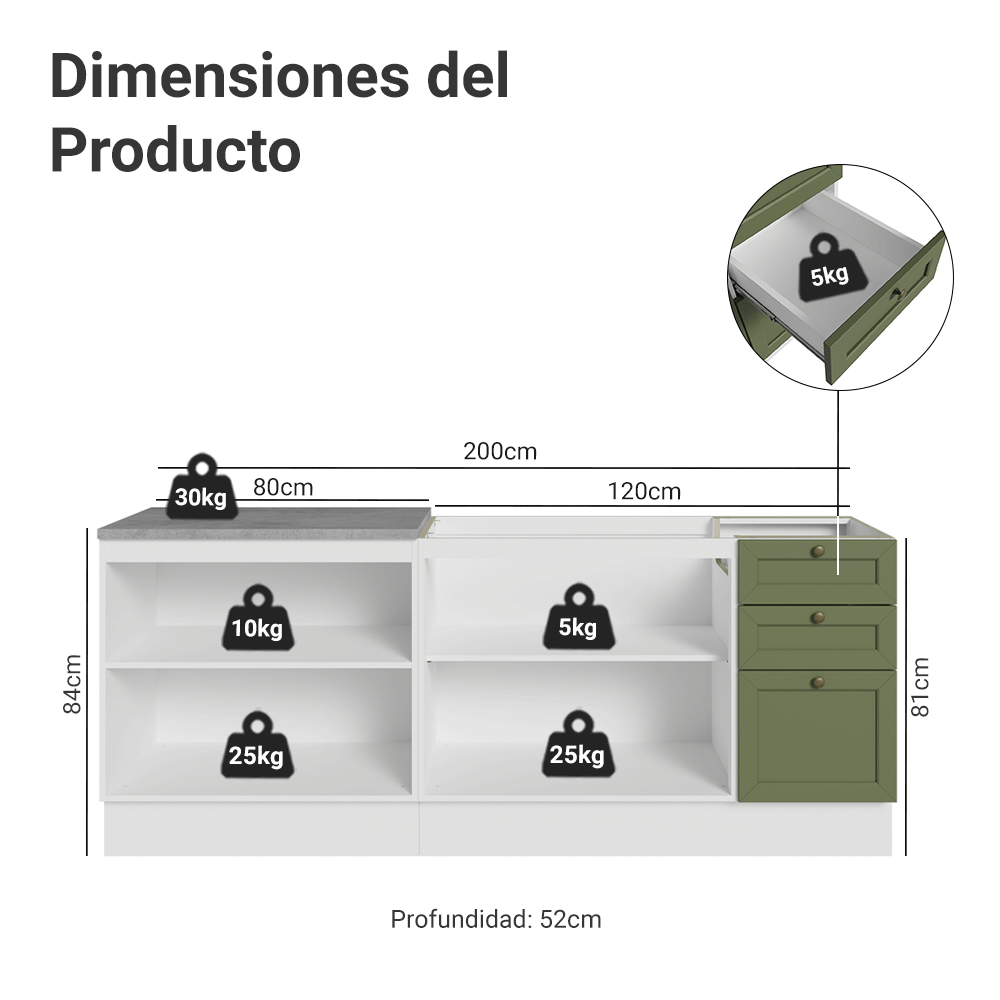Kit 2 Bajo Mesadas con 3 Cajones 4 Puertas (Sin Mesada) Vik Blanco/Verde 01