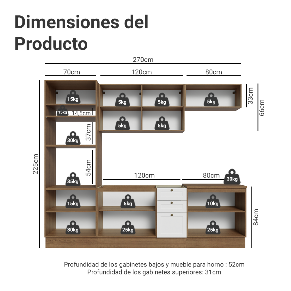 Combo de Cocina 270 cm Vik Marrón/Blanco 01