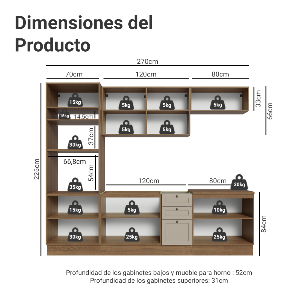 Combo completo de Cocina 270 cm Marrón/Crema Vik Madesa 01