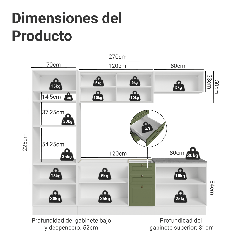 Combo de Cocina 270 cm Vik Blanco/Verde 02