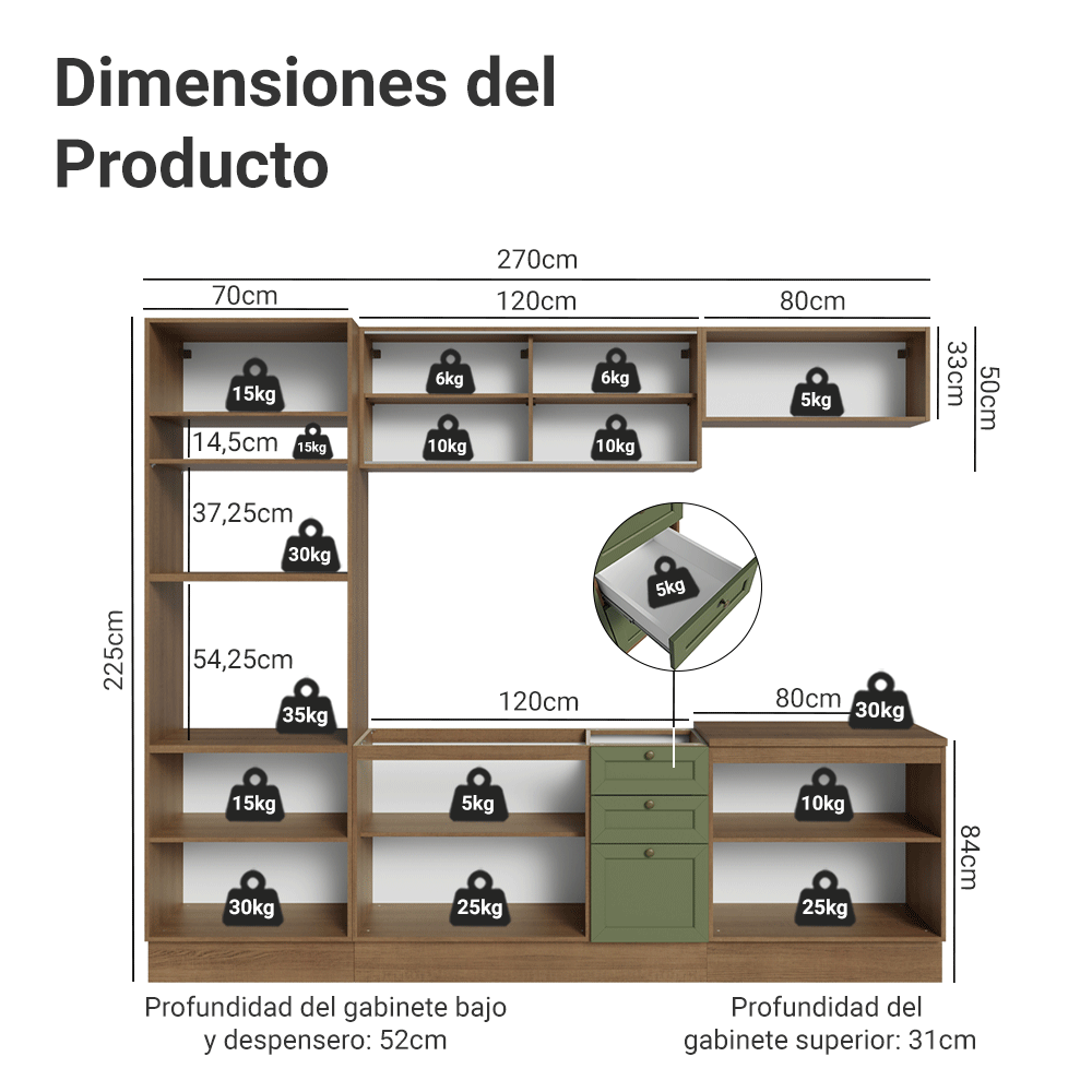 Combo de Cocina 270 cm Vik Marrón/Verde 02