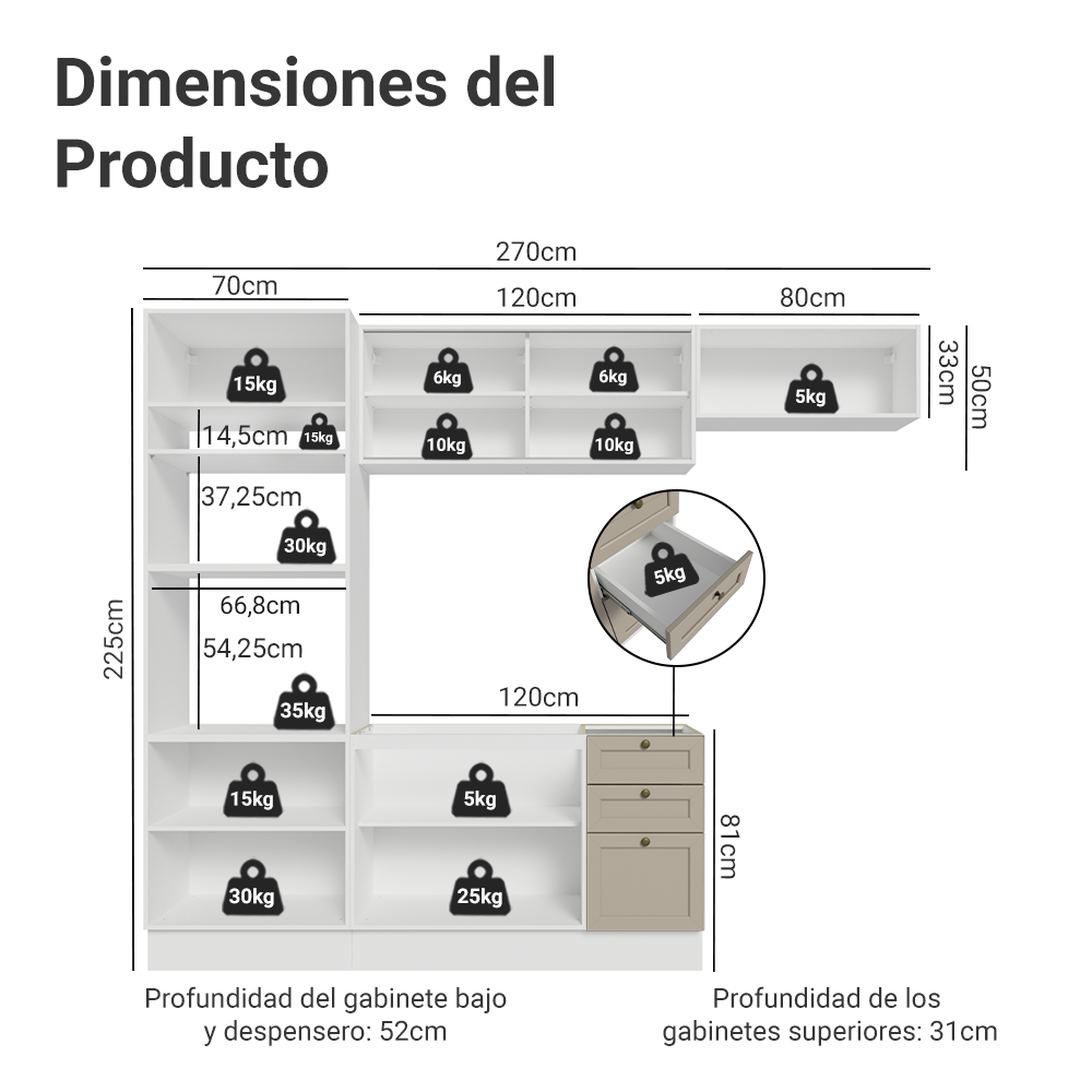 Combo completo de Cocina 270 cm Blanco/Crema Vik Madesa 03