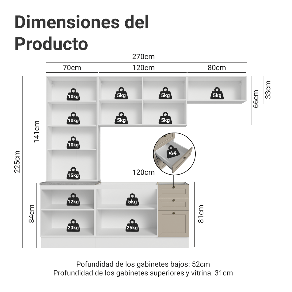 Combo completo de Cocina 270 cm Blanco/Crema Vik Madesa 05