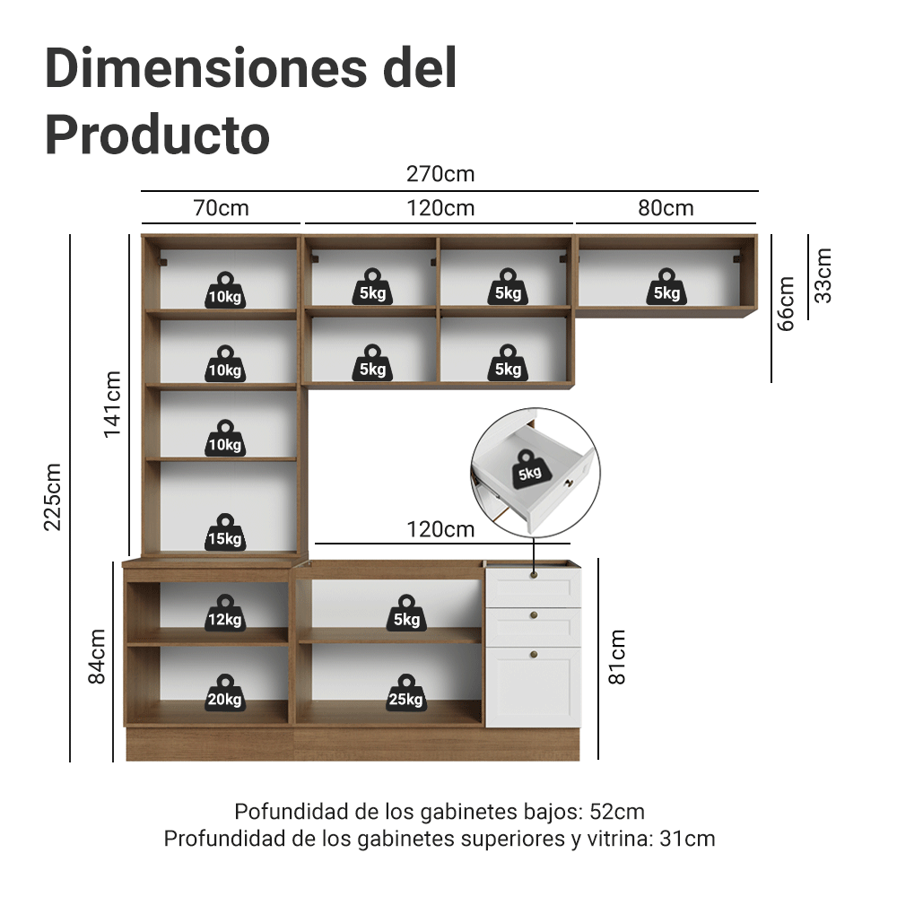 Combo completo de Cocina 270 cm Marrón/Blanco Vik Madesa 05