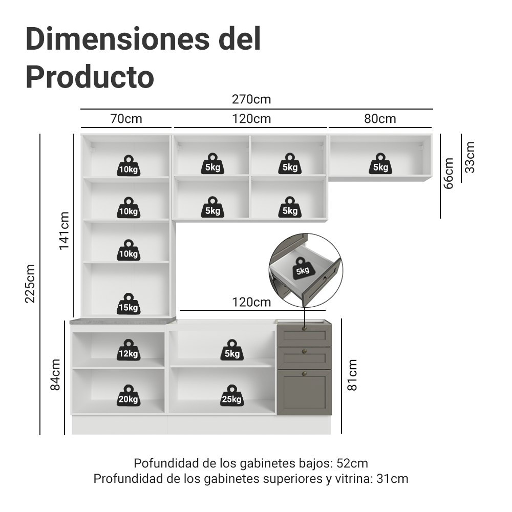 Combo completo de Cocina 270 cm Blanco/Gris Vik Madesa 05