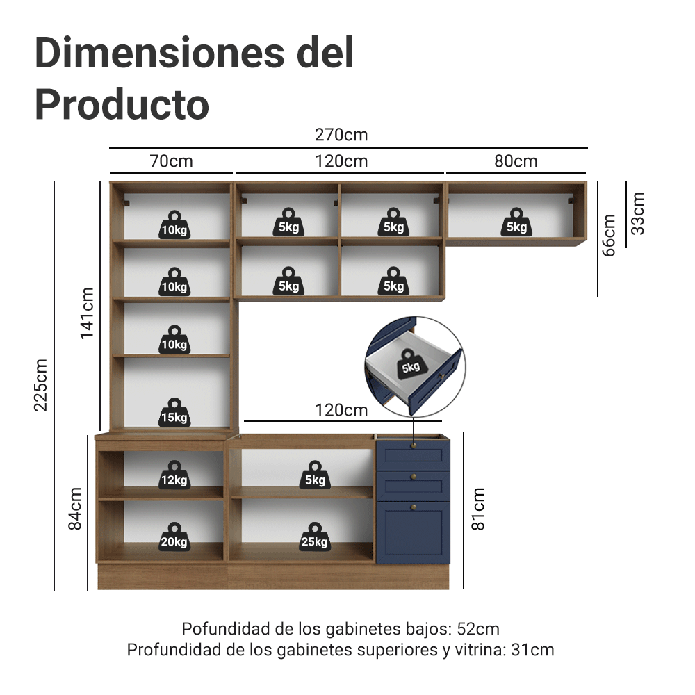 Combo completo de Cocina 270 cm Marrón/Azul Vik Madesa 05